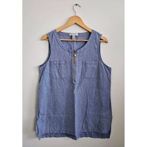 Ellen Tracy Linen Tank Top Large Blue Sleeveless Gold Tassel Zip Coastal Summer